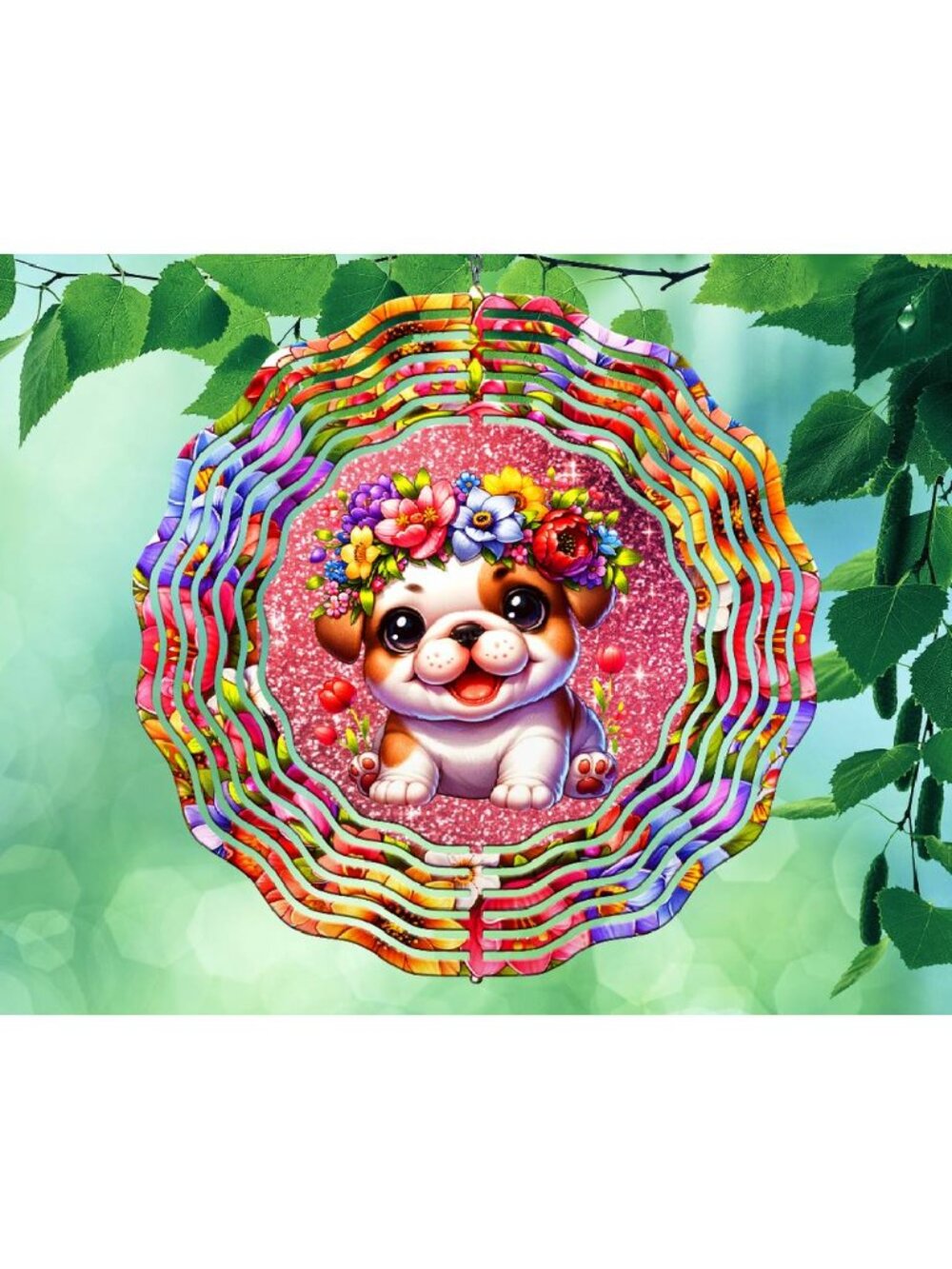 10" Colorful English Bulldog Puppy Dog Flowers Hanging Wind Spinner Yard RWS232